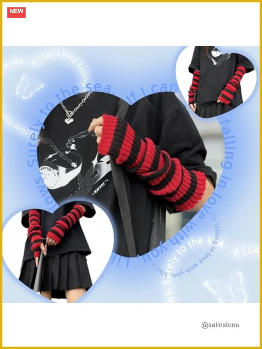 Gothic Punk Striped Arm Warmers Fingerless Gloves Y2K Emo Acrylic